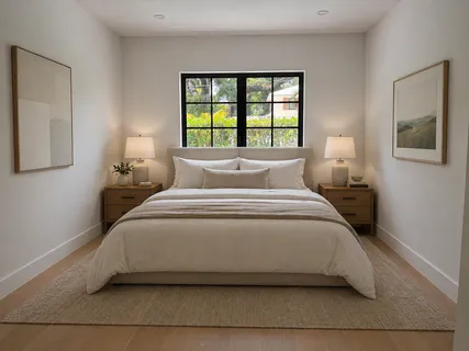 a bedroom with a bed and window