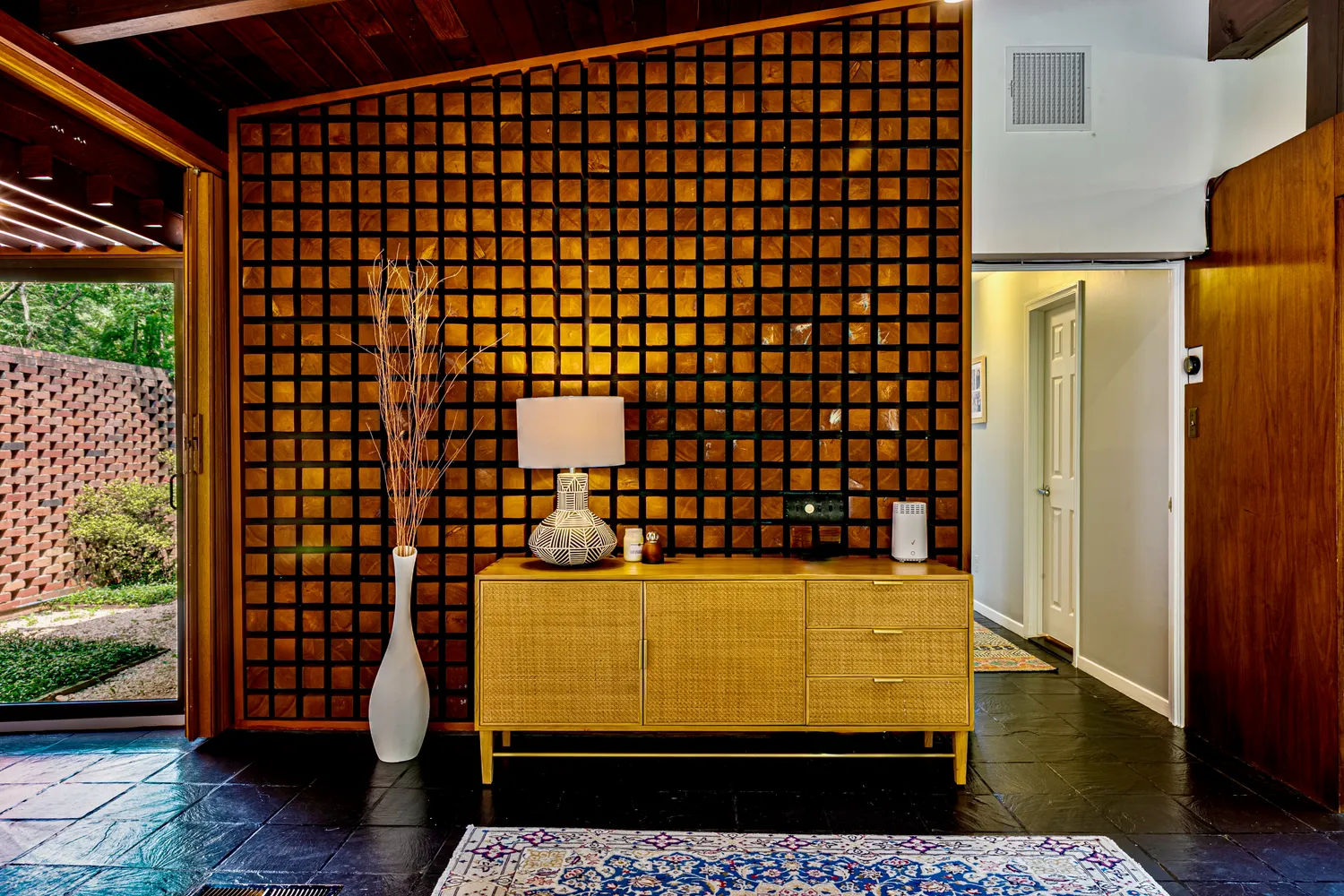 a view of barbeque area with wooden floor