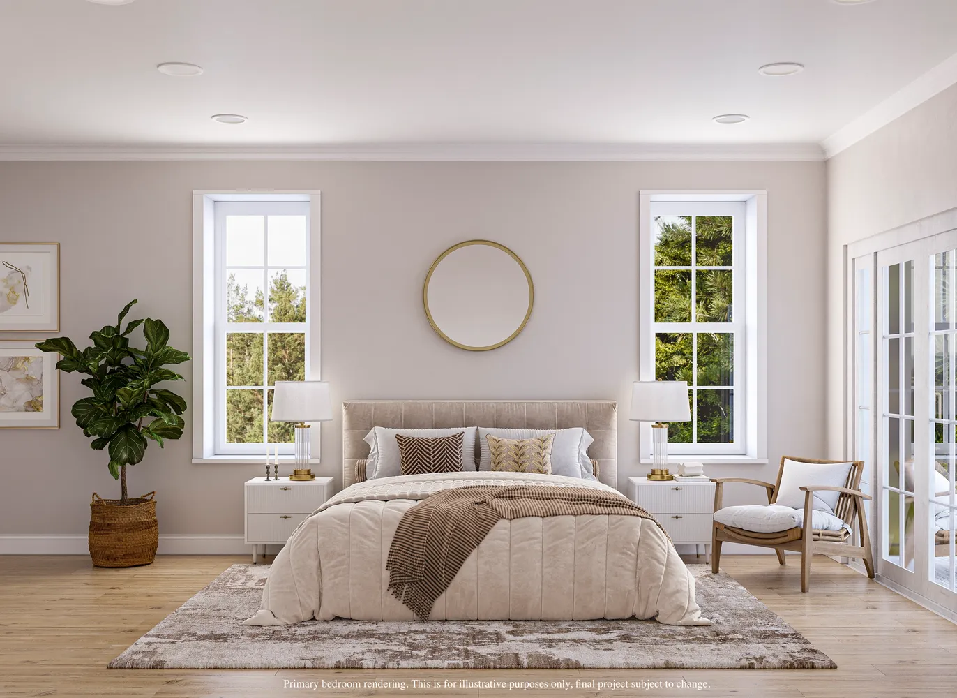 a bedroom with a bed and a potted plant