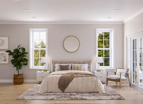 a bedroom with a bed and a potted plant