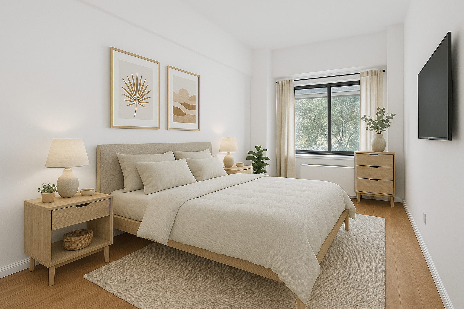 377 Rector Place, Unit 1D Manhattan, NY 10280 - Photo 4 of 6 a bedroom with a bed and a flat tv screen on a dresser