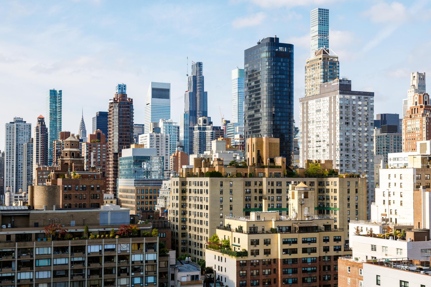 a city view with tall buildings