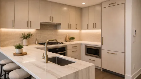 a kitchen with a white wooden cabinets and white appliances