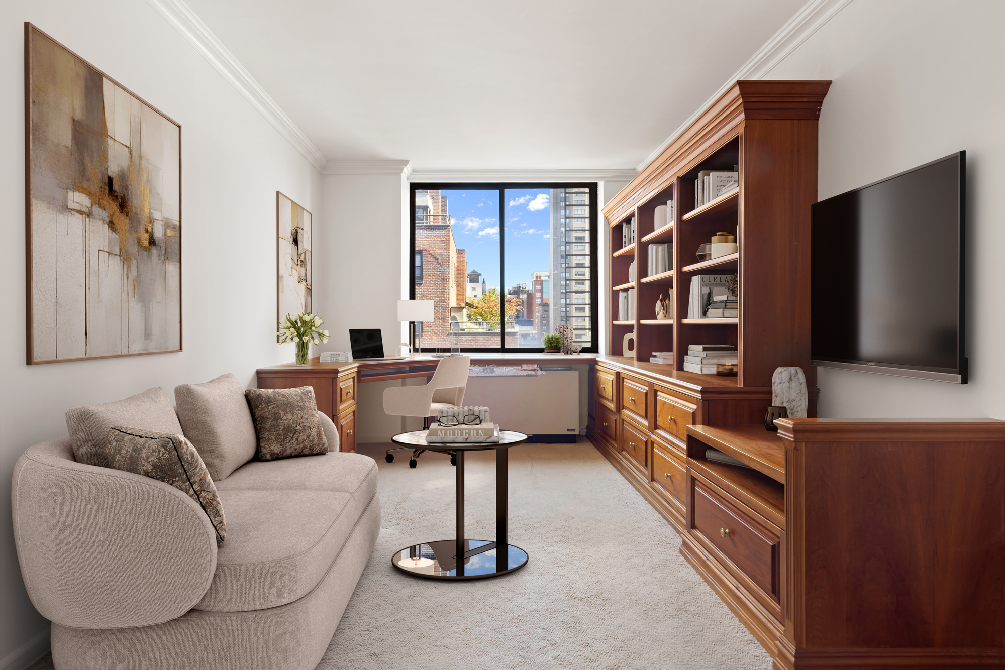 525 East 80th Street, Unit 11A Manhattan, NY 10075 - Photo 6 of 12 a living room with furniture and a flat screen tv