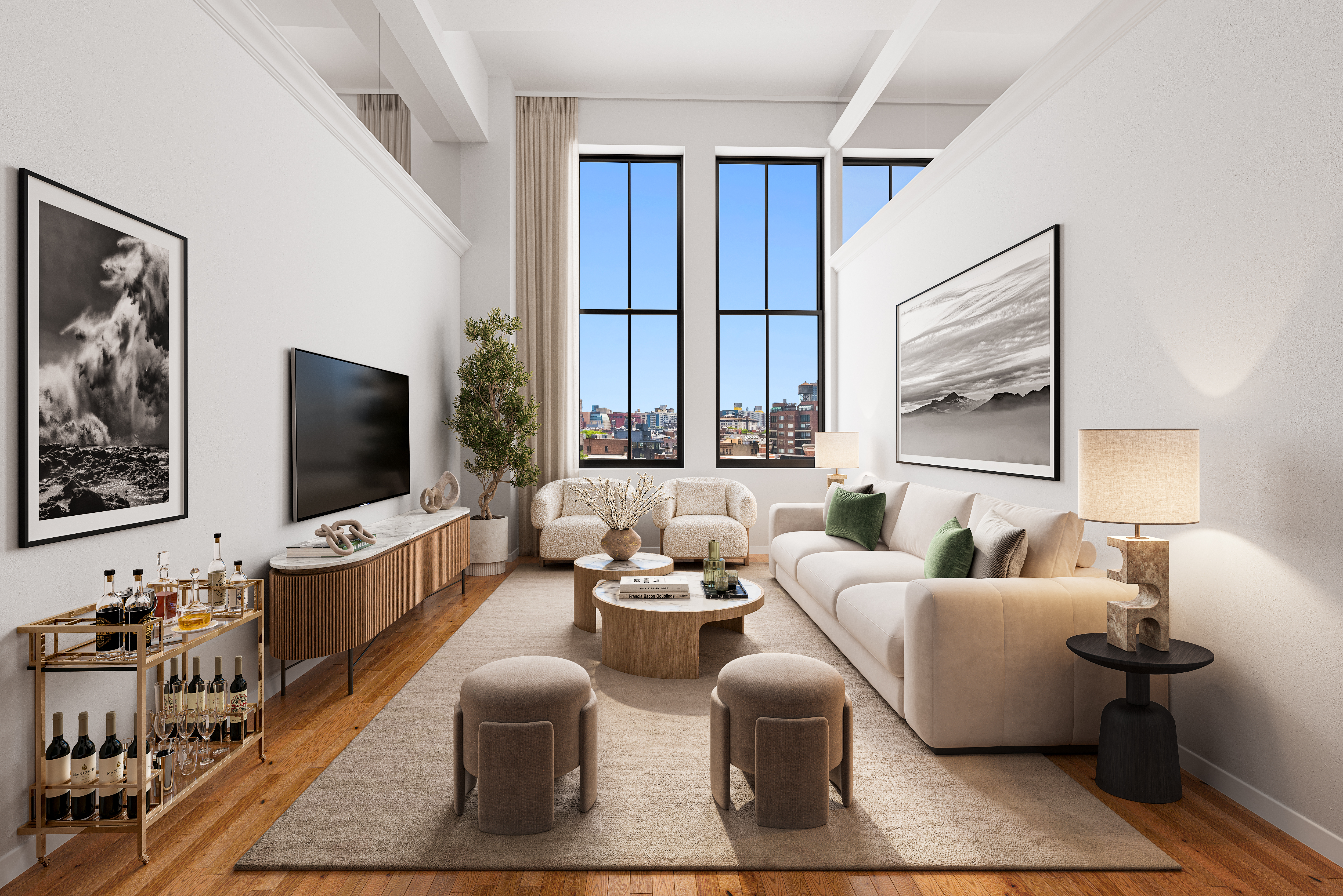 421 Hudson Street, Unit 504 Manhattan, NY 10014 - Photo 3 of 14 a living room with furniture wooden floor and a flat screen tv