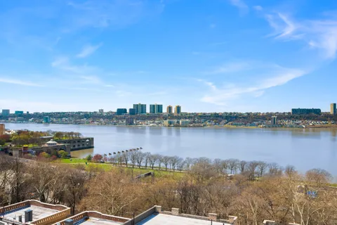 a view of a lake with a city view