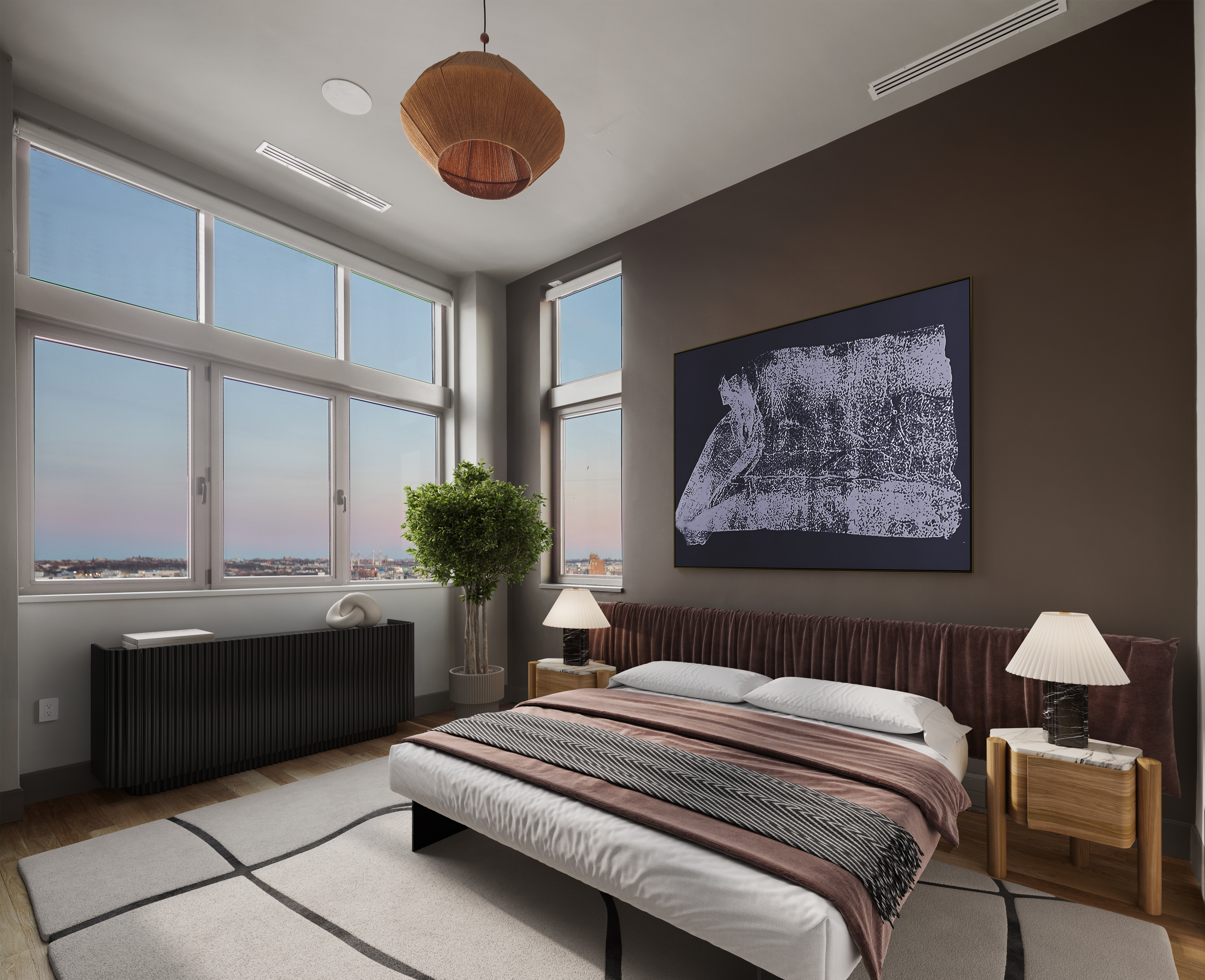 144 North 8th Street, Unit PH2 Brooklyn, NY 11249 - Photo 9 of 20 a bedroom with a bed and a chandelier