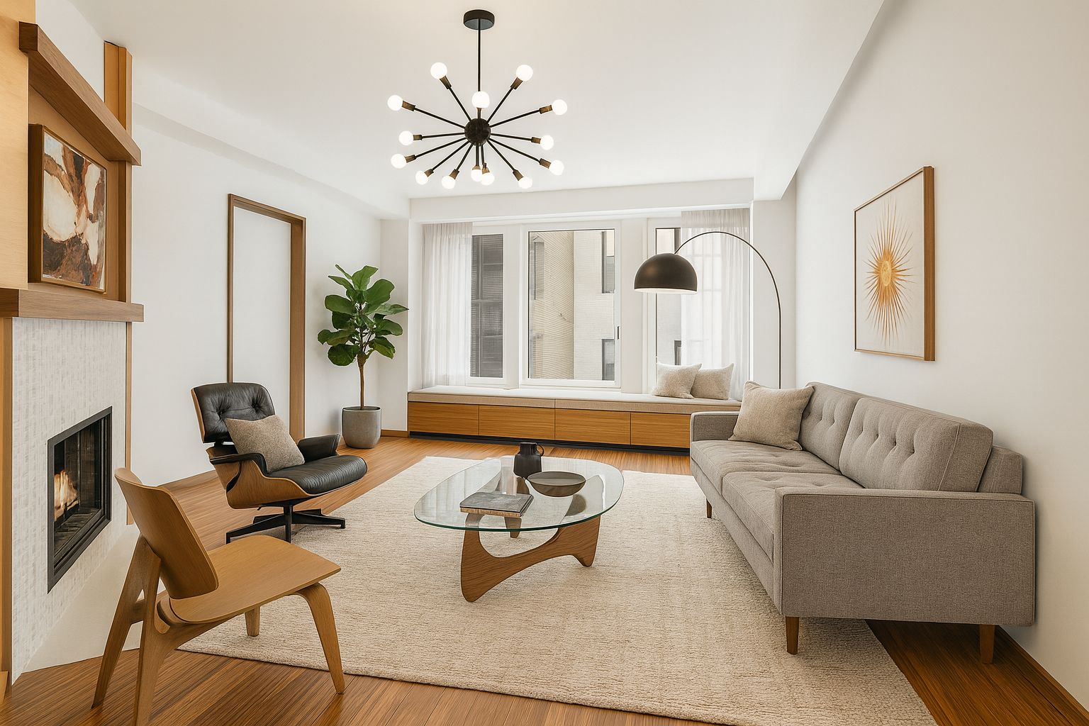 a living room with furniture a fireplace and a chandelier