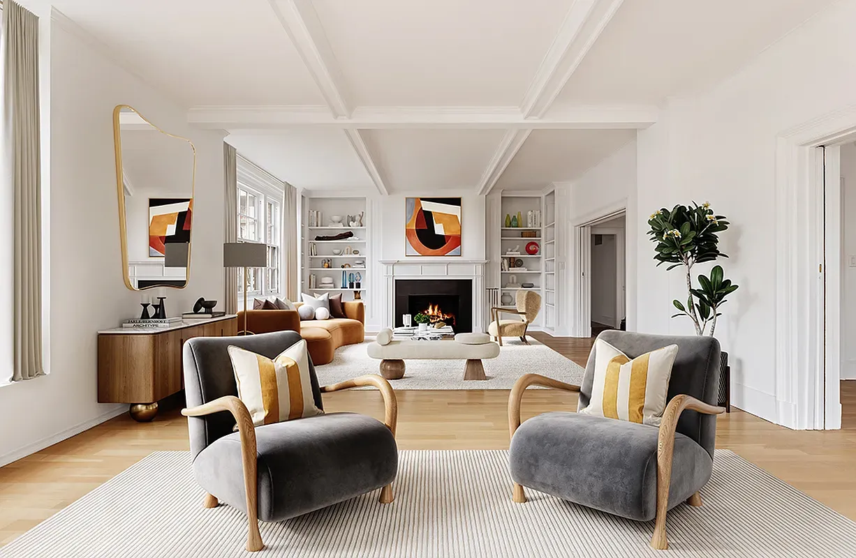 a living room with furniture potted plant a fireplace and a window