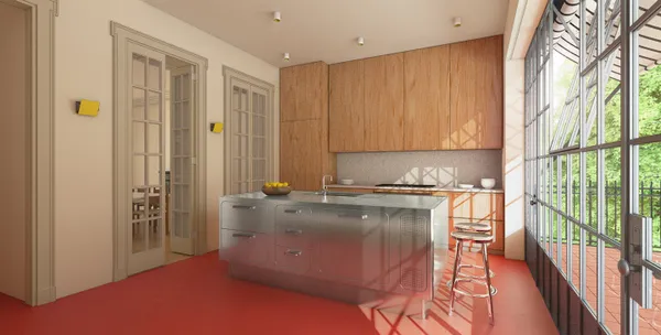 a kitchen with a refrigerator and a sink