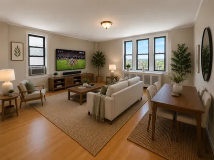 a living room with furniture potted plant and a flat screen tv