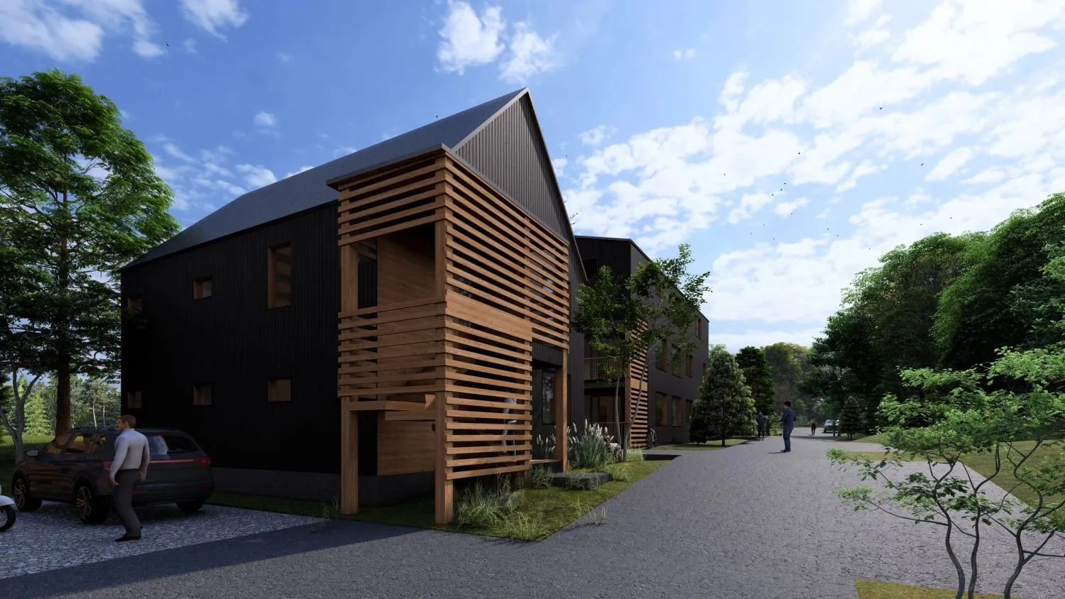 a backyard of a house with table and chairs under an umbrella