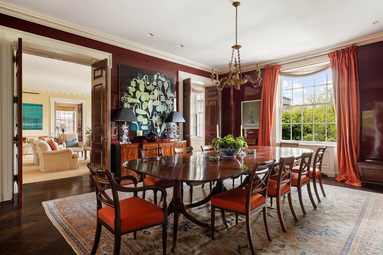 a view of a dining room with furniture window and outside view