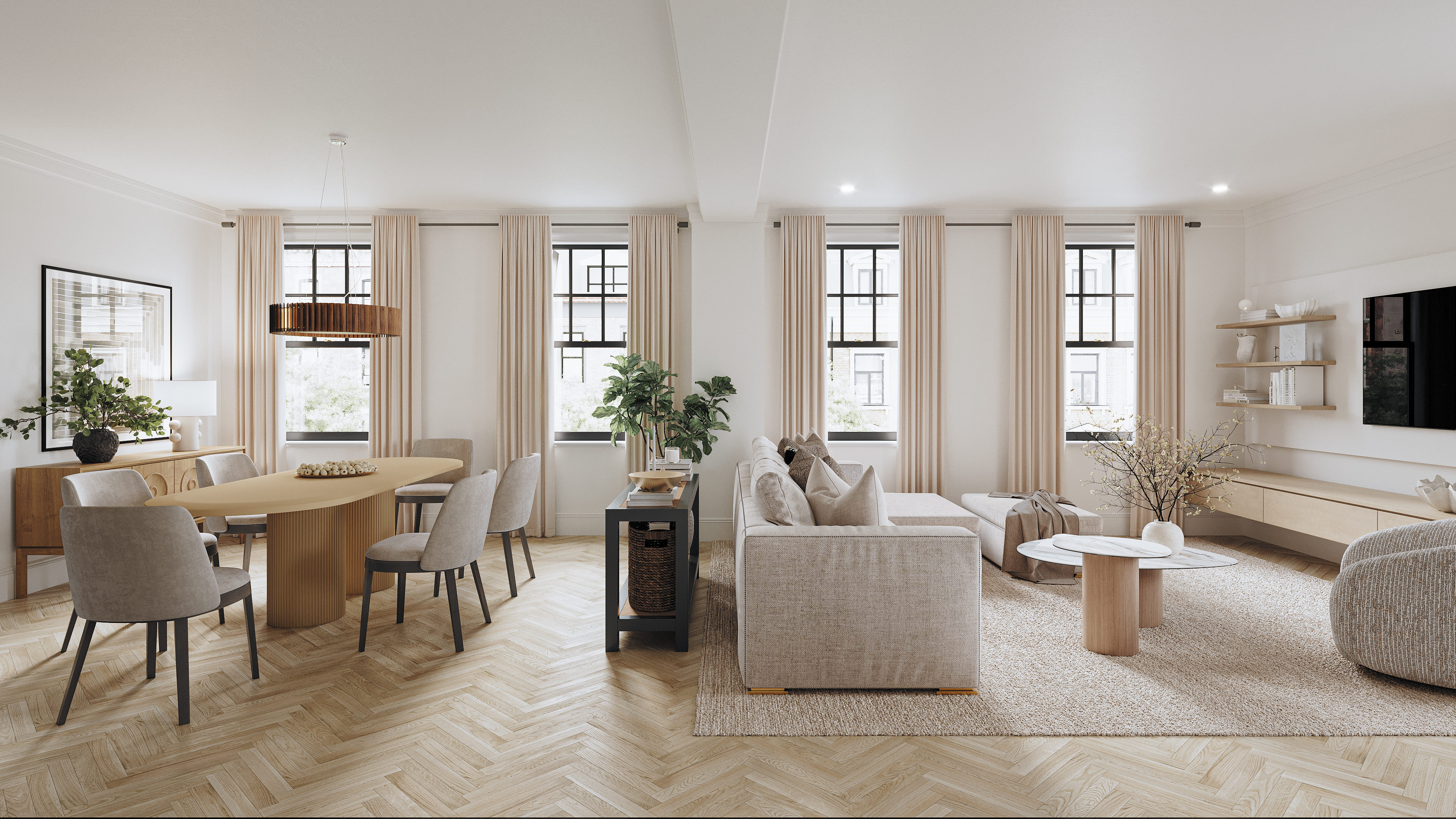 a living room with furniture potted plant and windows