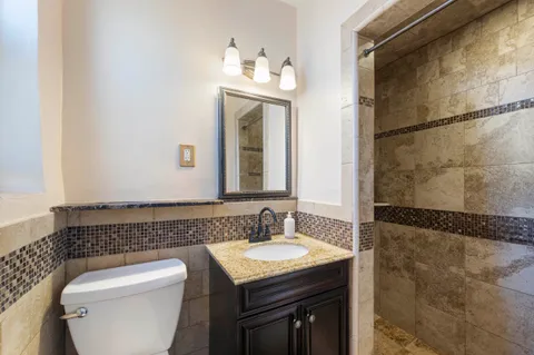 a bathroom with a granite countertop sink toilet and shower