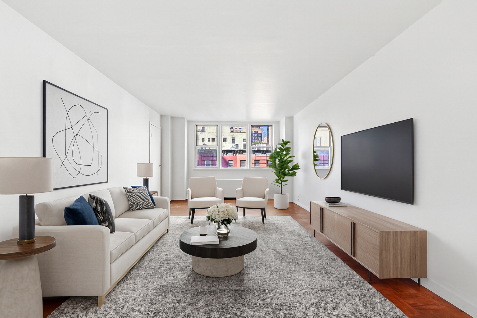 201 East 36th Street, Unit 5D Manhattan, NY 10016 - Photo 1 of 9 a living room with furniture and a flat screen tv
