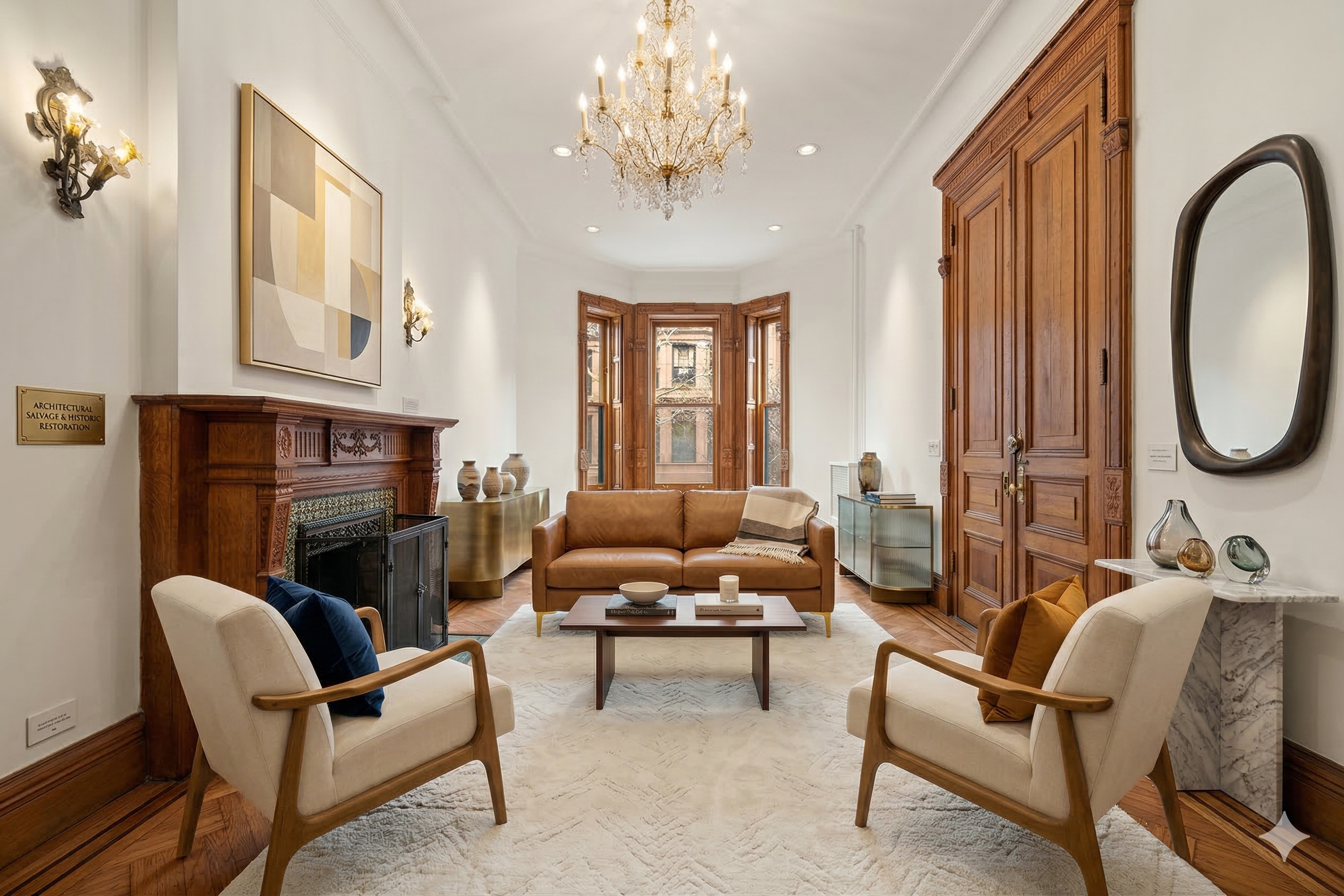 906 President Street, Unit 1 Brooklyn, NY 11215 - Photo 2 of 18 a living room with furniture a fireplace and a chandelier