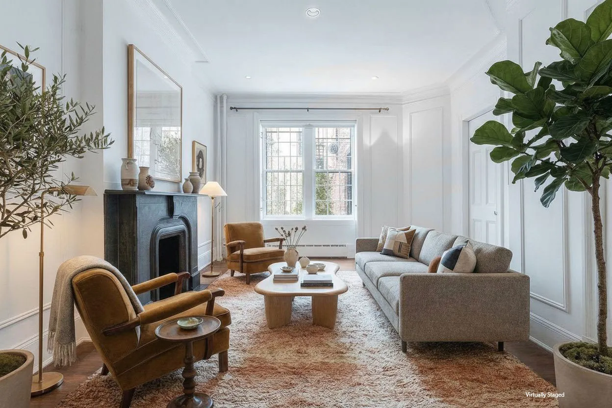 a living room with furniture potted plant and a fireplace