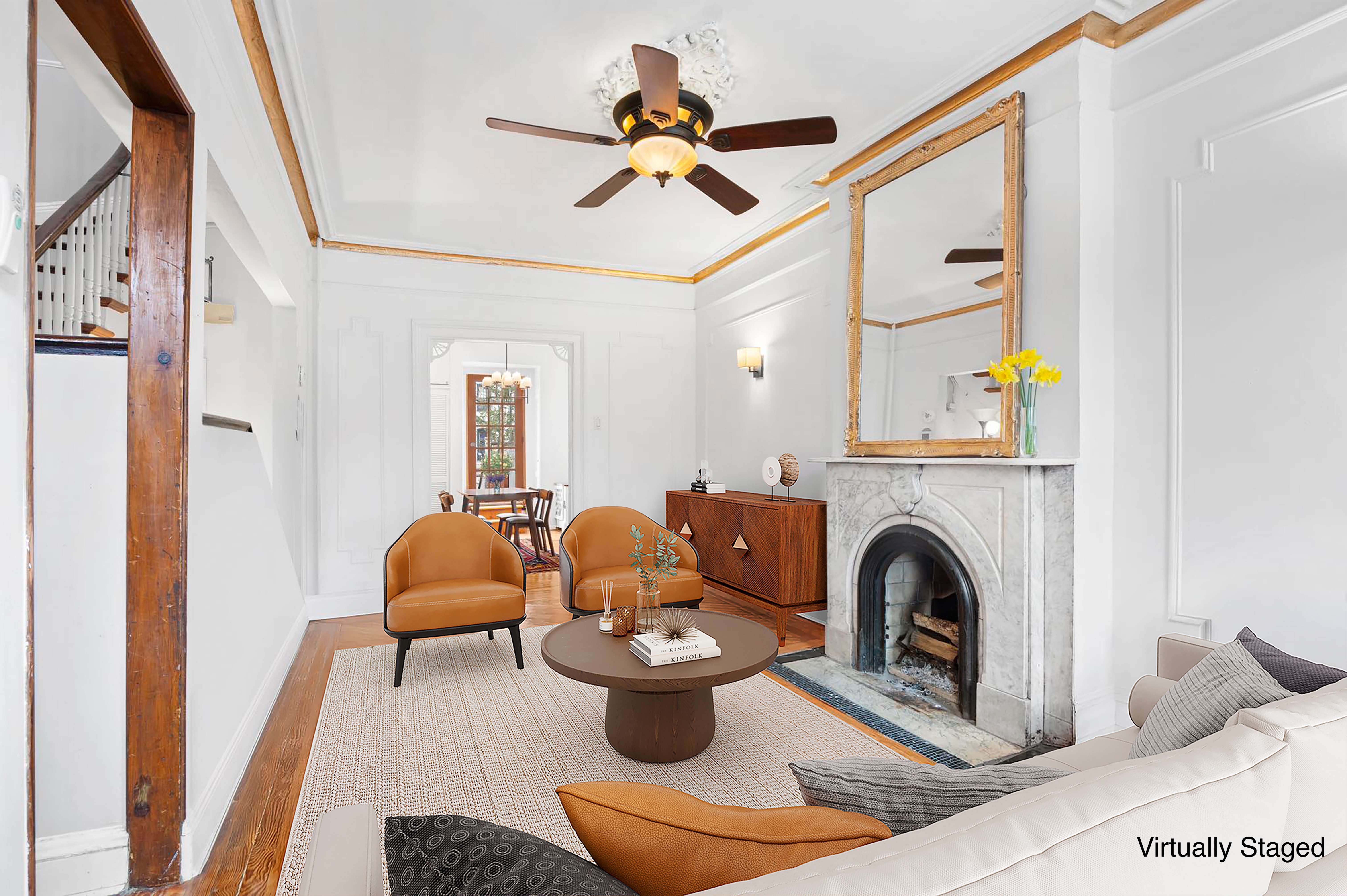 457 Warren Street Brooklyn, NY 11217 - Photo 4 of 16 a living room with furniture a rug and a fireplace