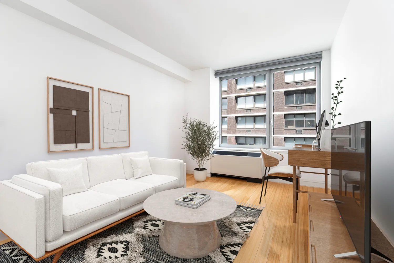 a living room with furniture and a book shelf
