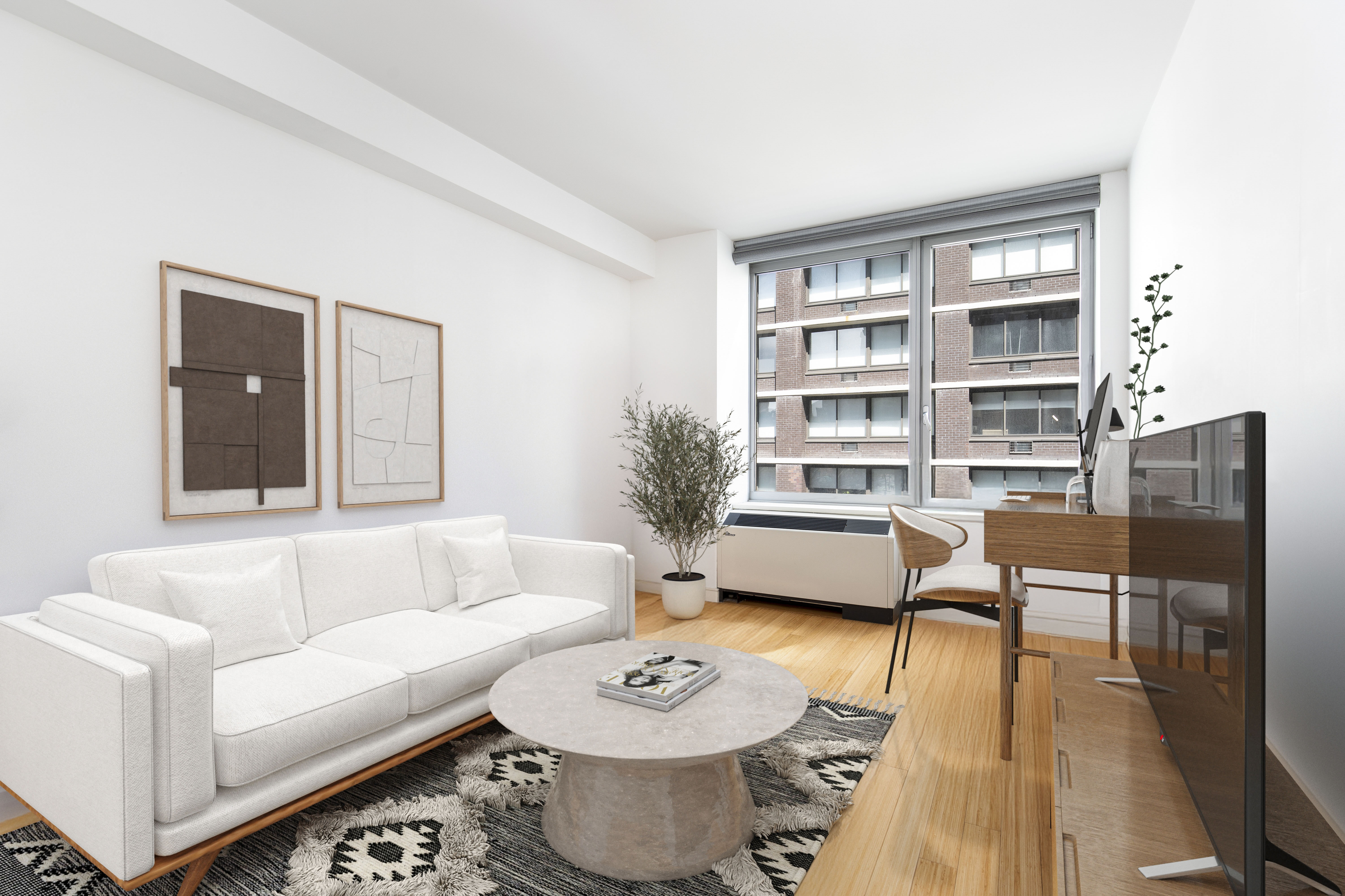 303 East 33rd Street, Unit 7N Manhattan, NY 10016 - Photo 9 of 12 a living room with furniture and a book shelf