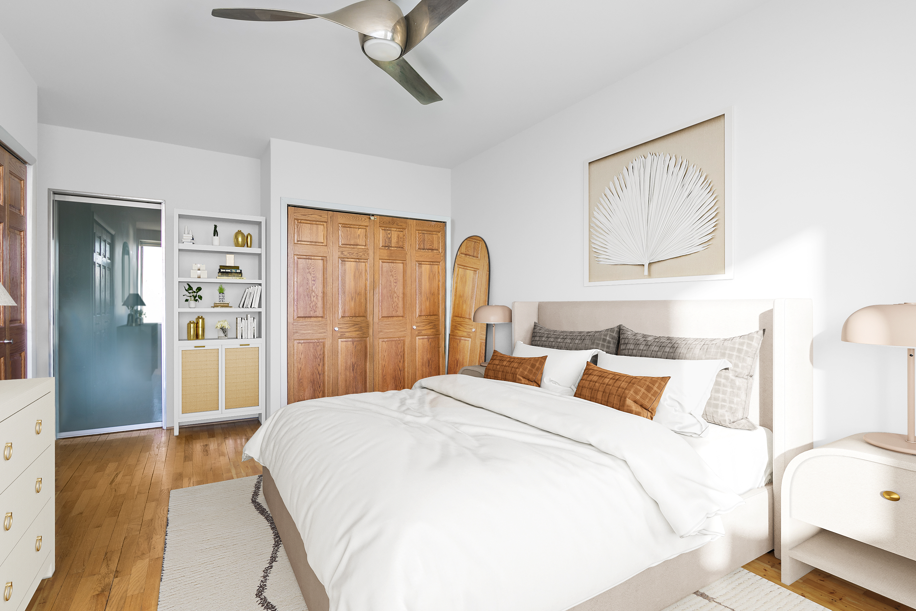 167 Perry Street, Unit 5N Manhattan, NY 10014 - Photo 10 of 12 a bedroom with a large bed and a chandelier