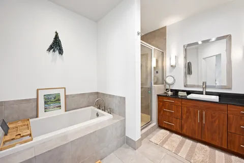 a bathroom with a tub a double vanity sink and mirror