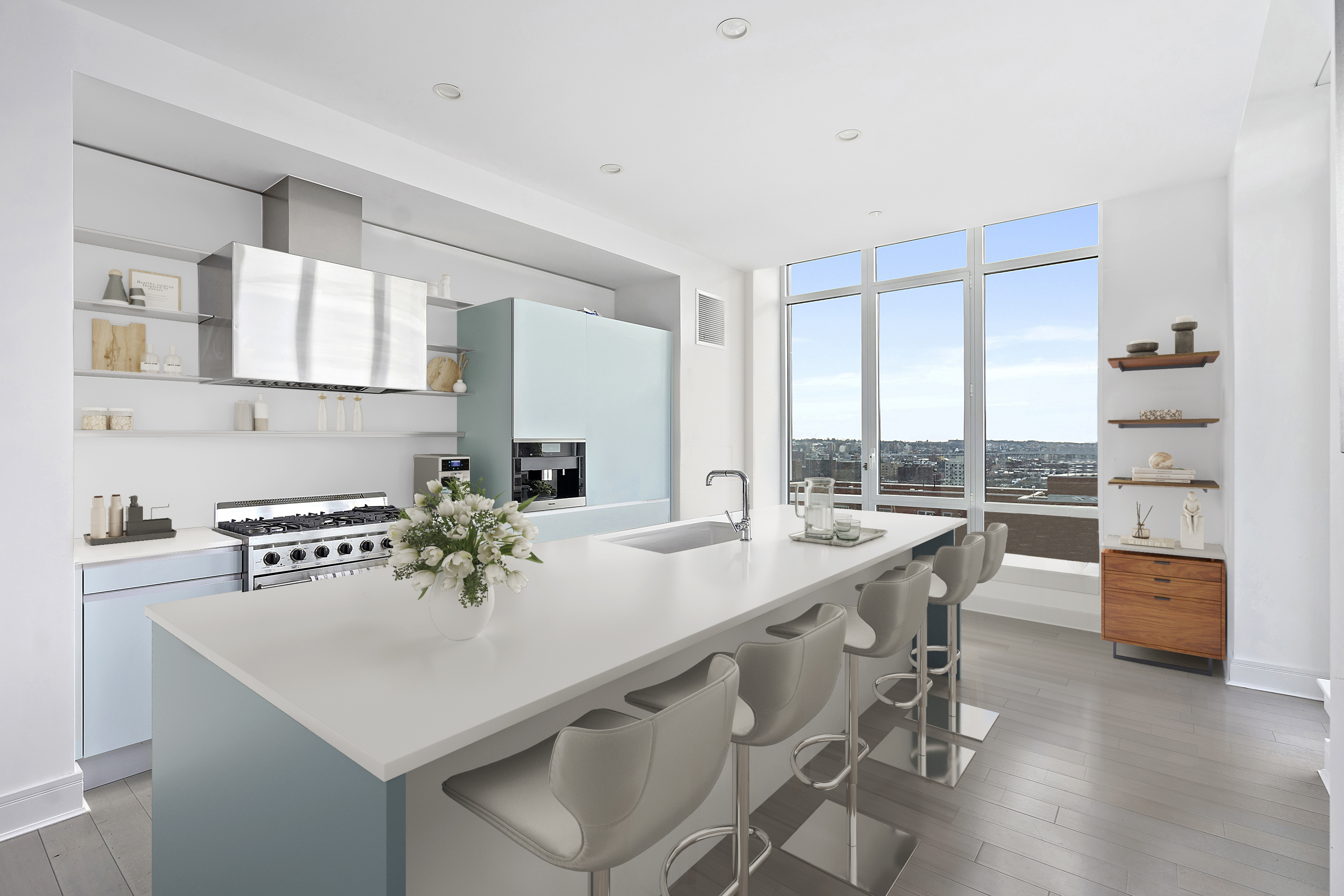 265 State Street, Unit 1601 Brooklyn, NY 11201 - Photo 3 of 14 a kitchen with a sink a stove and chairs