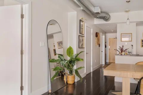 a view of a hallway with furniture and a potted plant