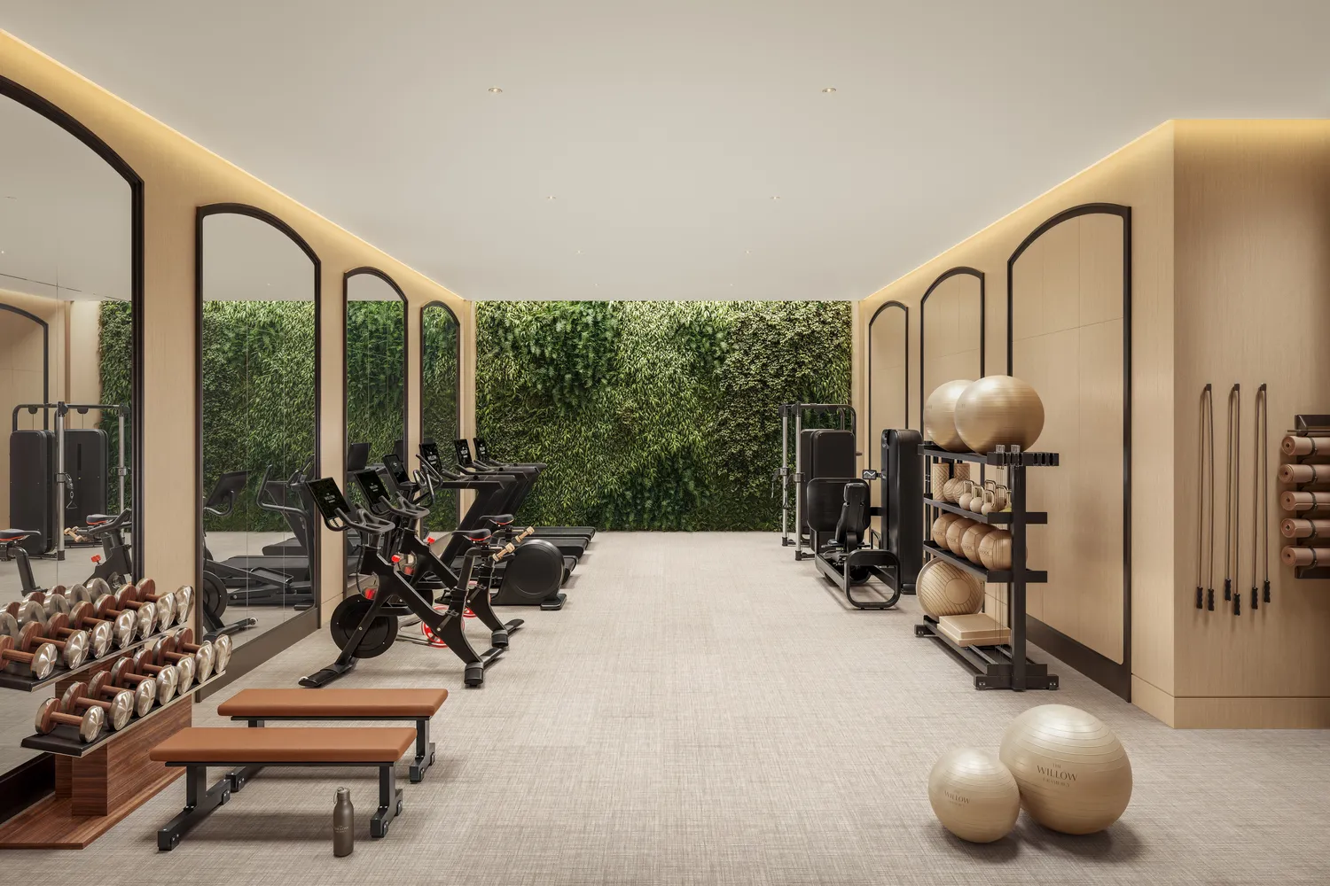 a room with lots of trees and furniture