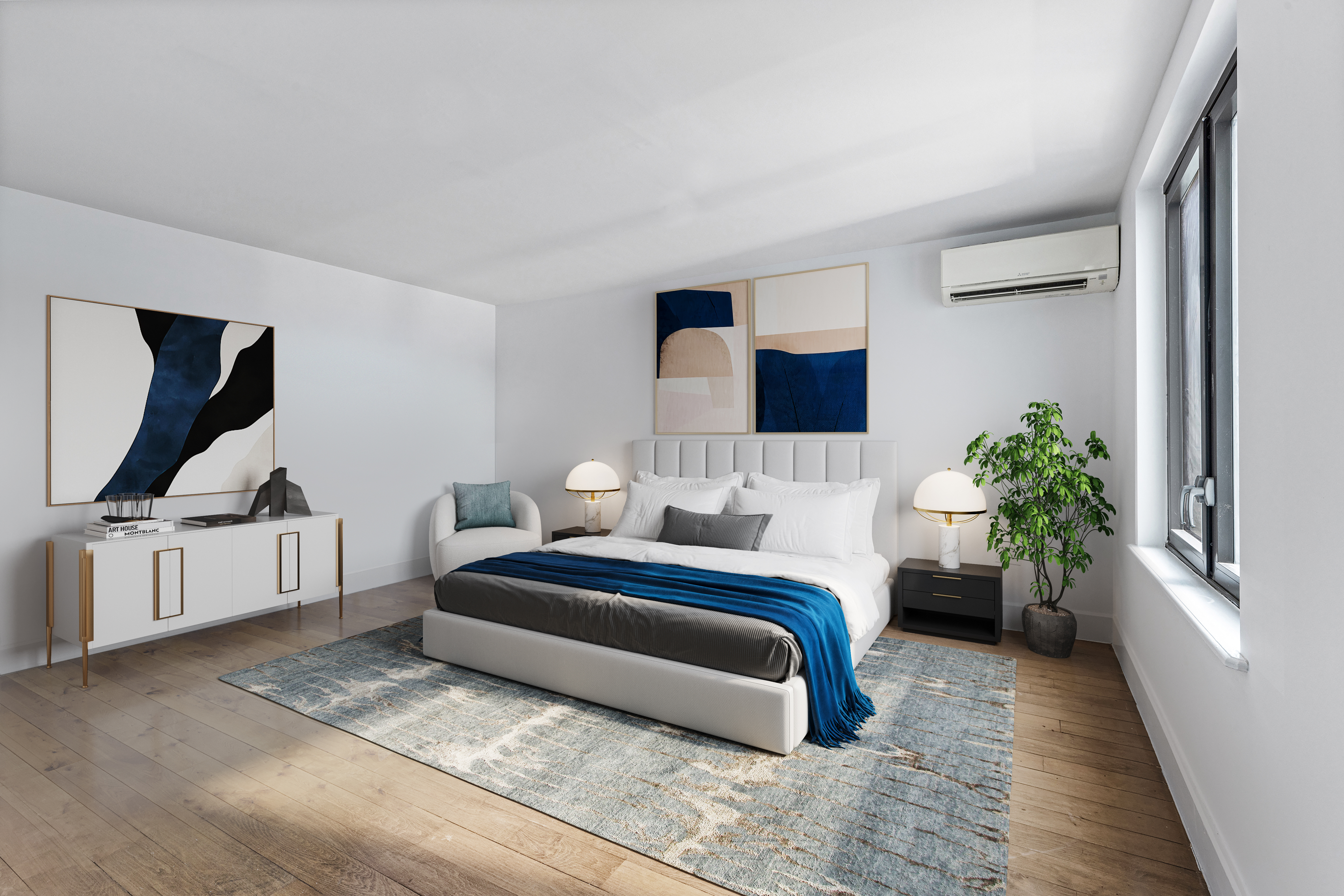 242 South 1st Street, Unit 4E Brooklyn, NY 11211 - Photo 12 of 15 a bedroom with a bed a flat screen tv and potted plant