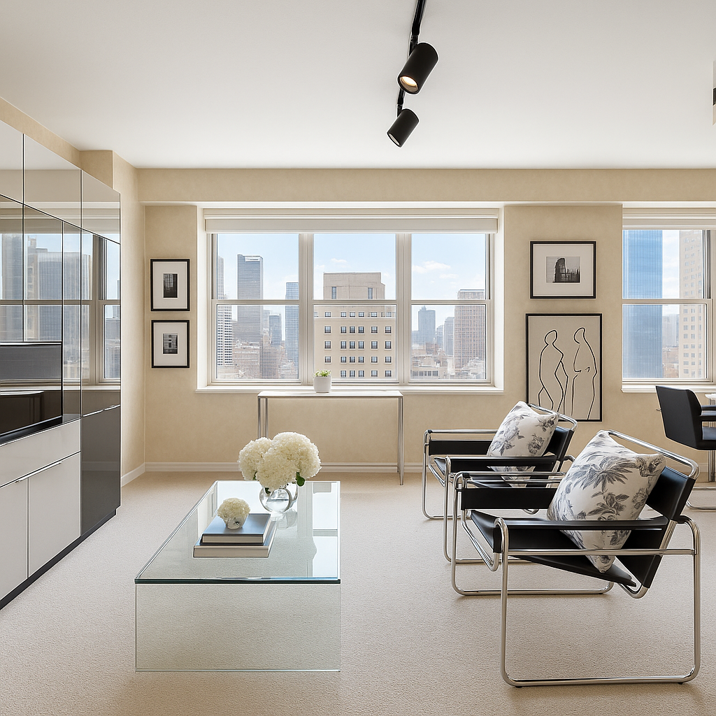 a living room with furniture and windows