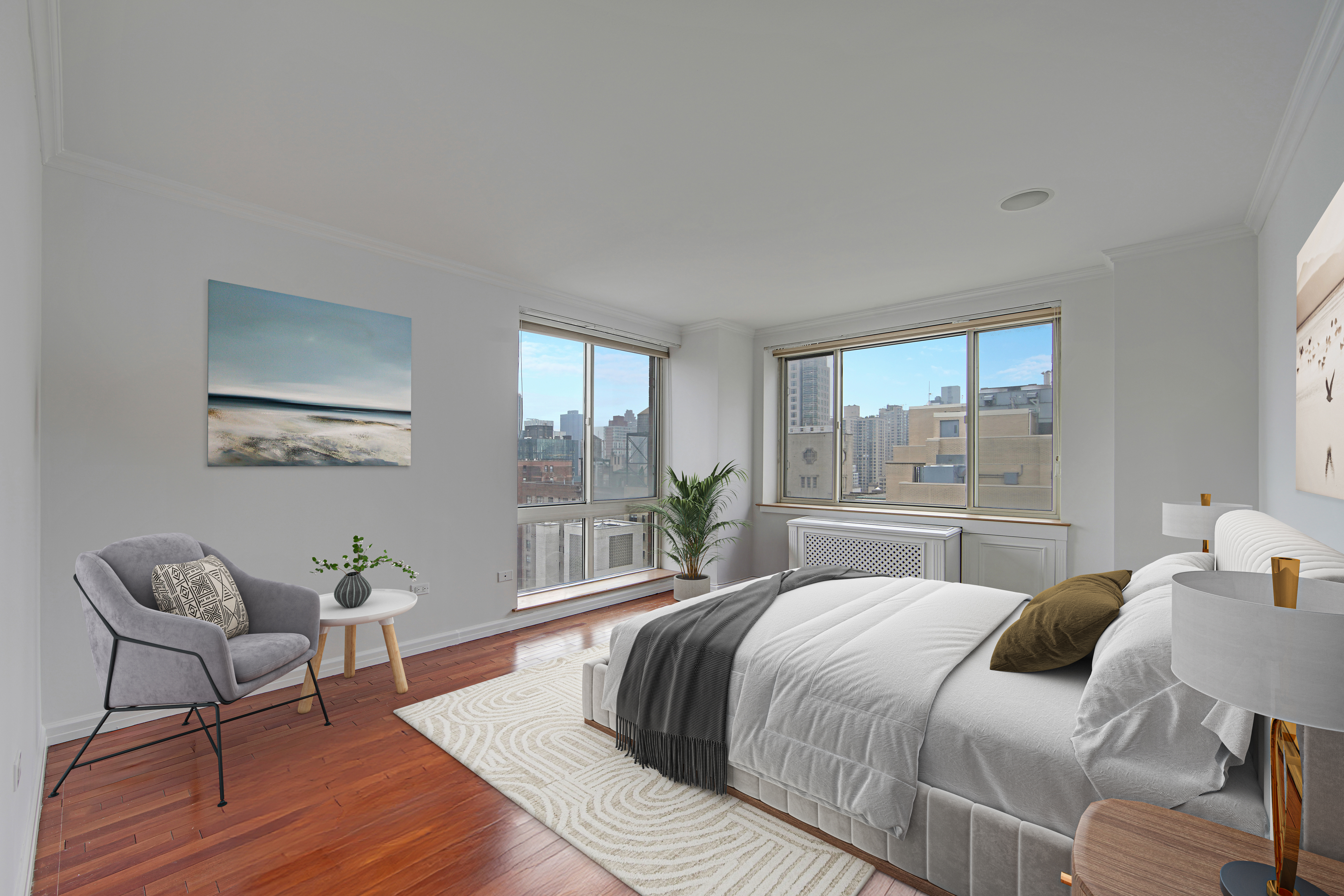 201 East 80th Street, Unit 16D Manhattan, NY 10075 - Photo 13 of 19 a bedroom with a bed and wooden floor