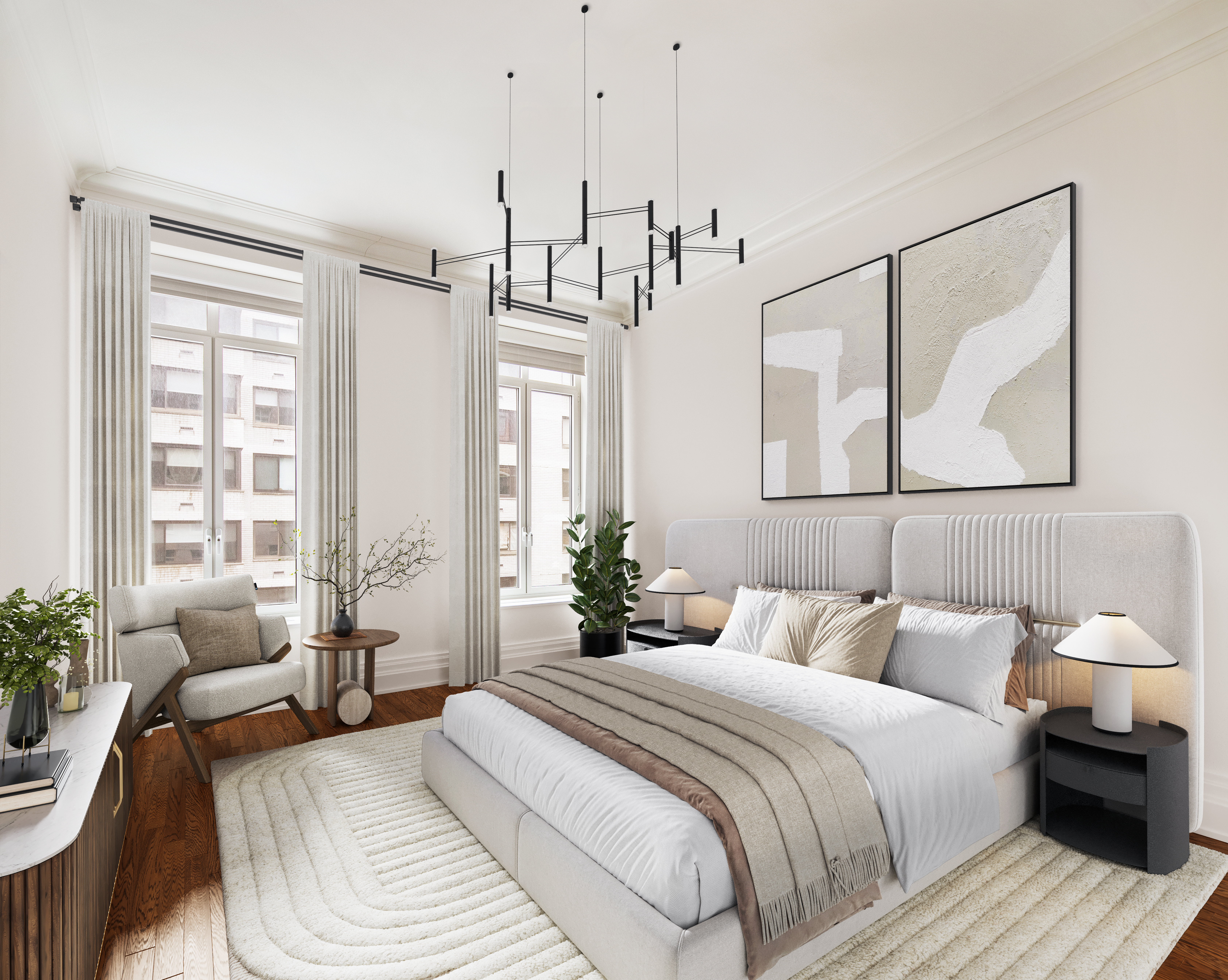 20 East End Avenue, Unit 4C Manhattan, NY 10028 - Photo 7 of 23 a bedroom with a large bed couch and windows