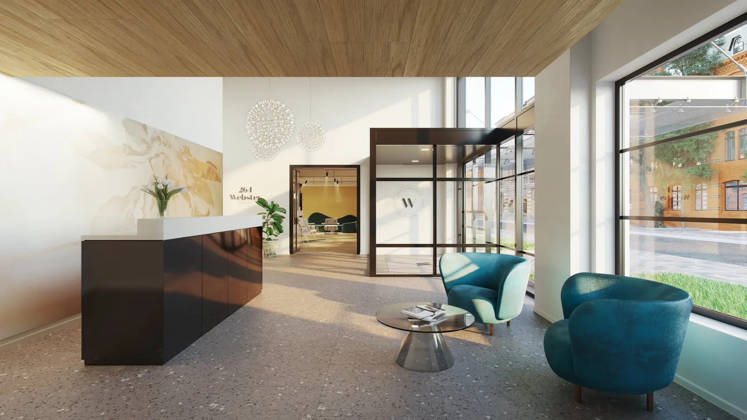 a living room with furniture and a floor to ceiling window