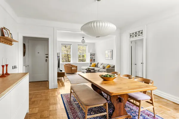 a view of a dining room with furniture