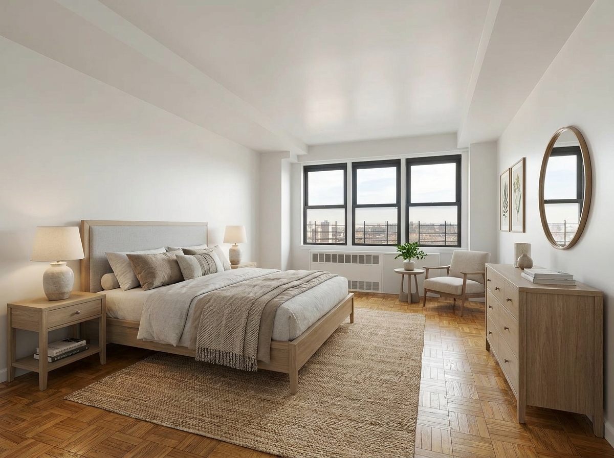 460 East 79th Street, Unit 15F Manhattan, NY 10075 - Photo 4 of 11 a bedroom with bed and a large window