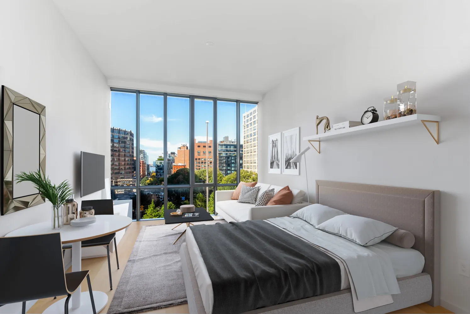 a bedroom with a large bed and a large window