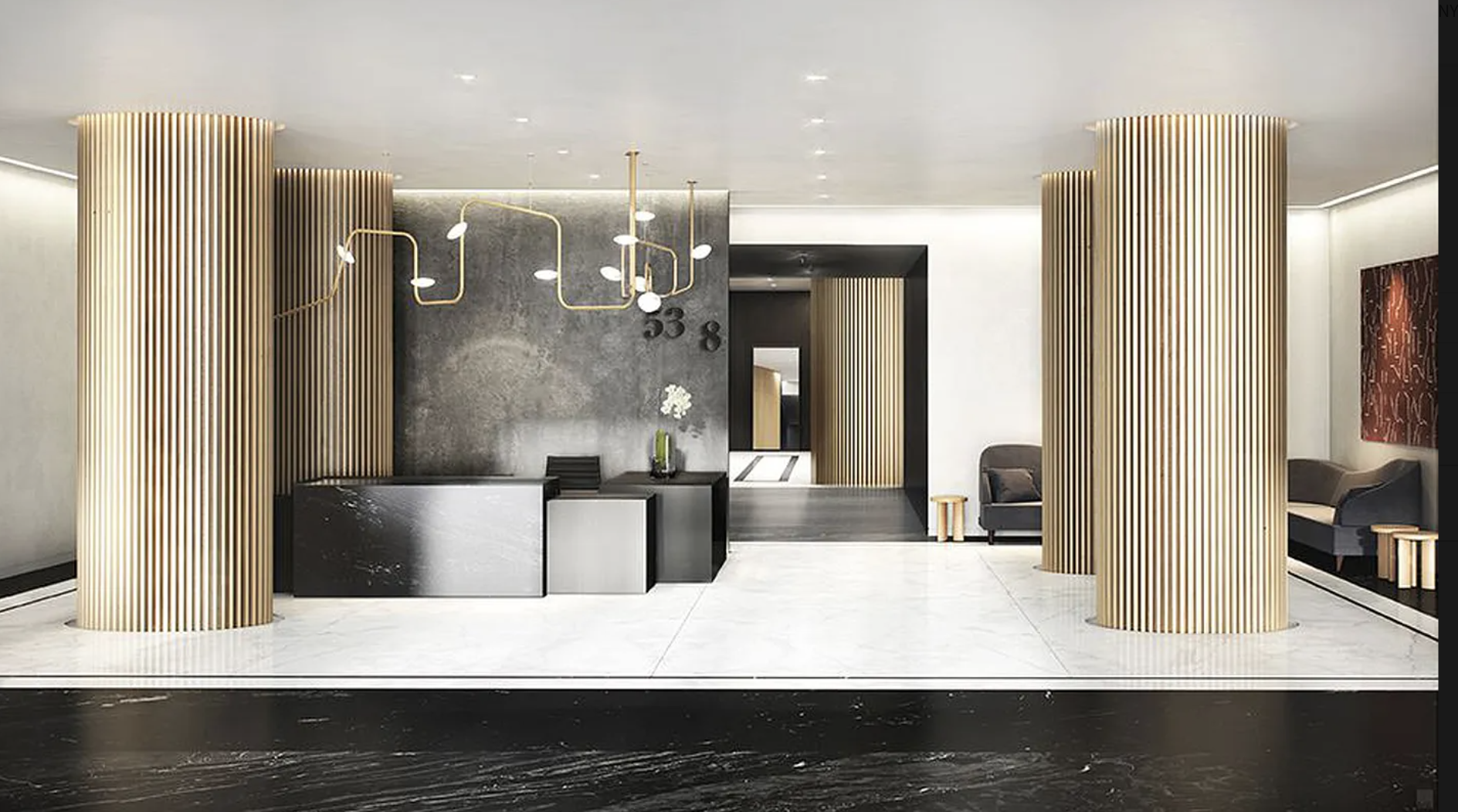 301 West 53rd Street, Unit 7H Manhattan, NY 10019 - Photo 7 of 11 a living room with stainless steel appliances kitchen island granite countertop furniture and a large window