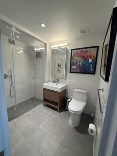 a bathroom with a sink a toilet and shower