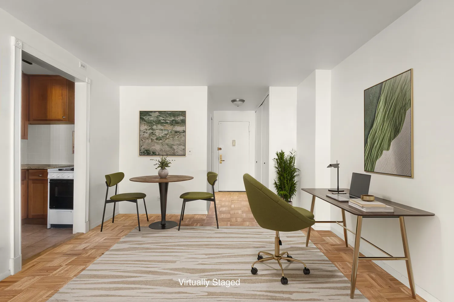 a workspace with furniture and wooden floor