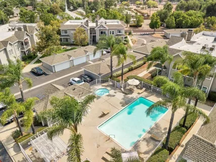 a view of a patio with table and chairs potted plants and large tree