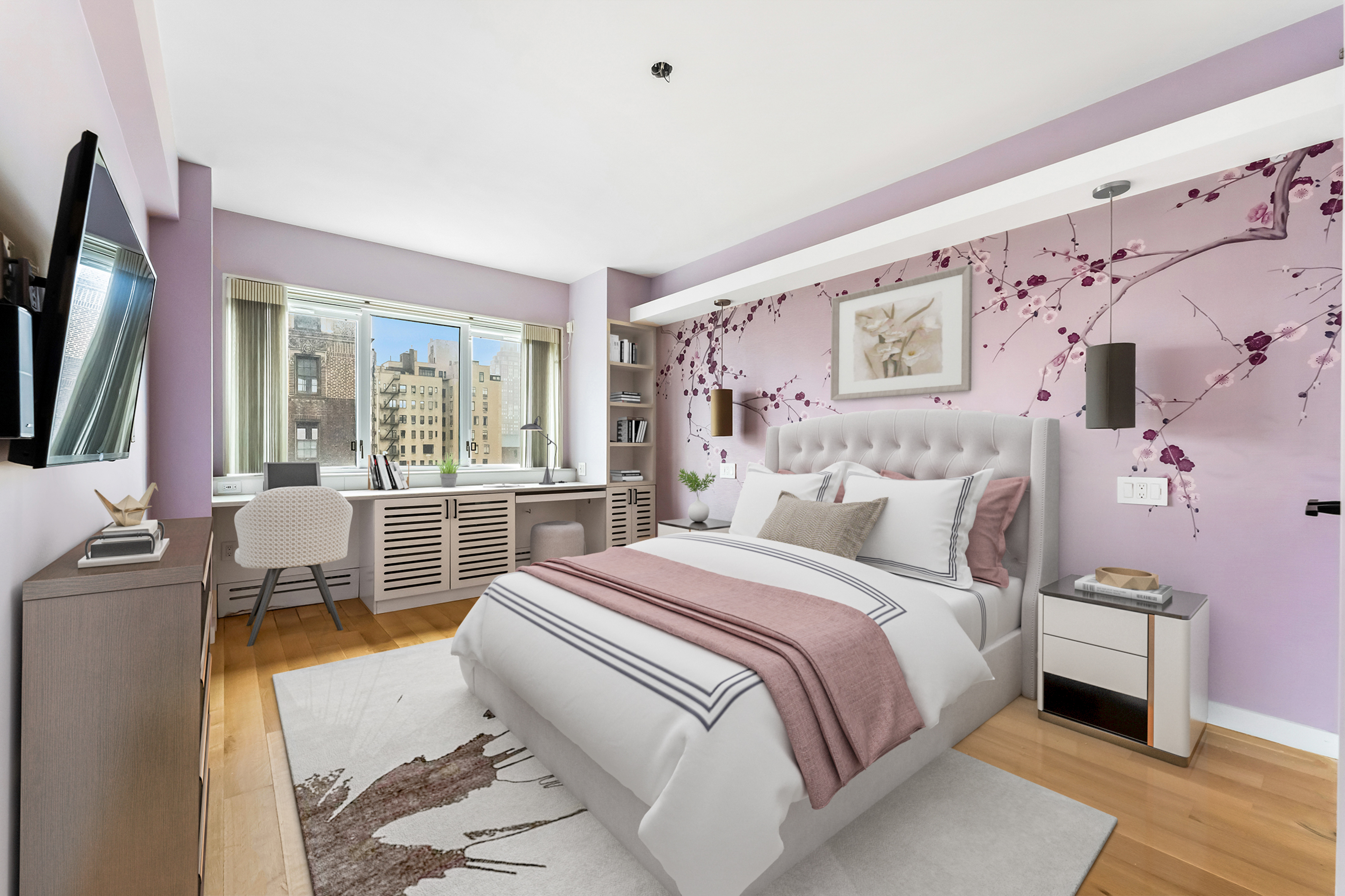 20 East 68th Street, Unit 11C Manhattan, NY 10065 - Photo 4 of 11 a bedroom with a bed wooden floor and large window