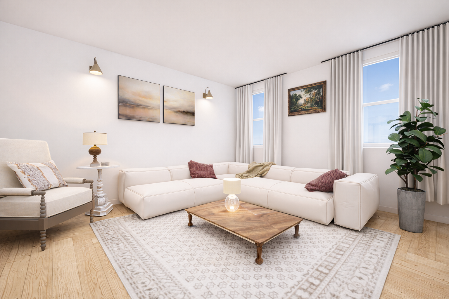 a living room with furniture and a potted plant