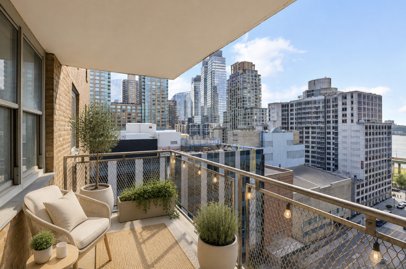303 West 66th Street, Unit 15DE Manhattan, NY 10023 - Photo 3 of 9 a balcony with wooden floor and outdoor seating