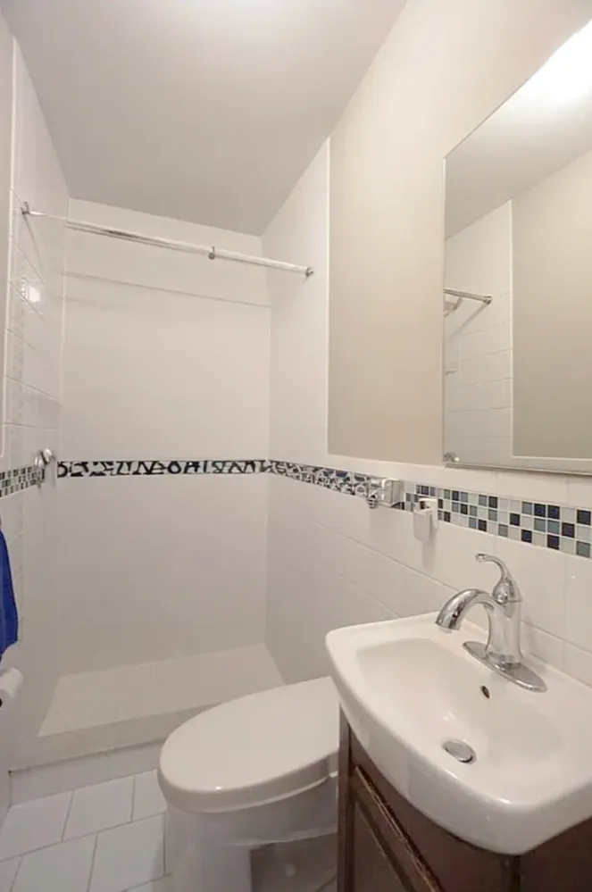 a bathroom with a sink toilet and shower