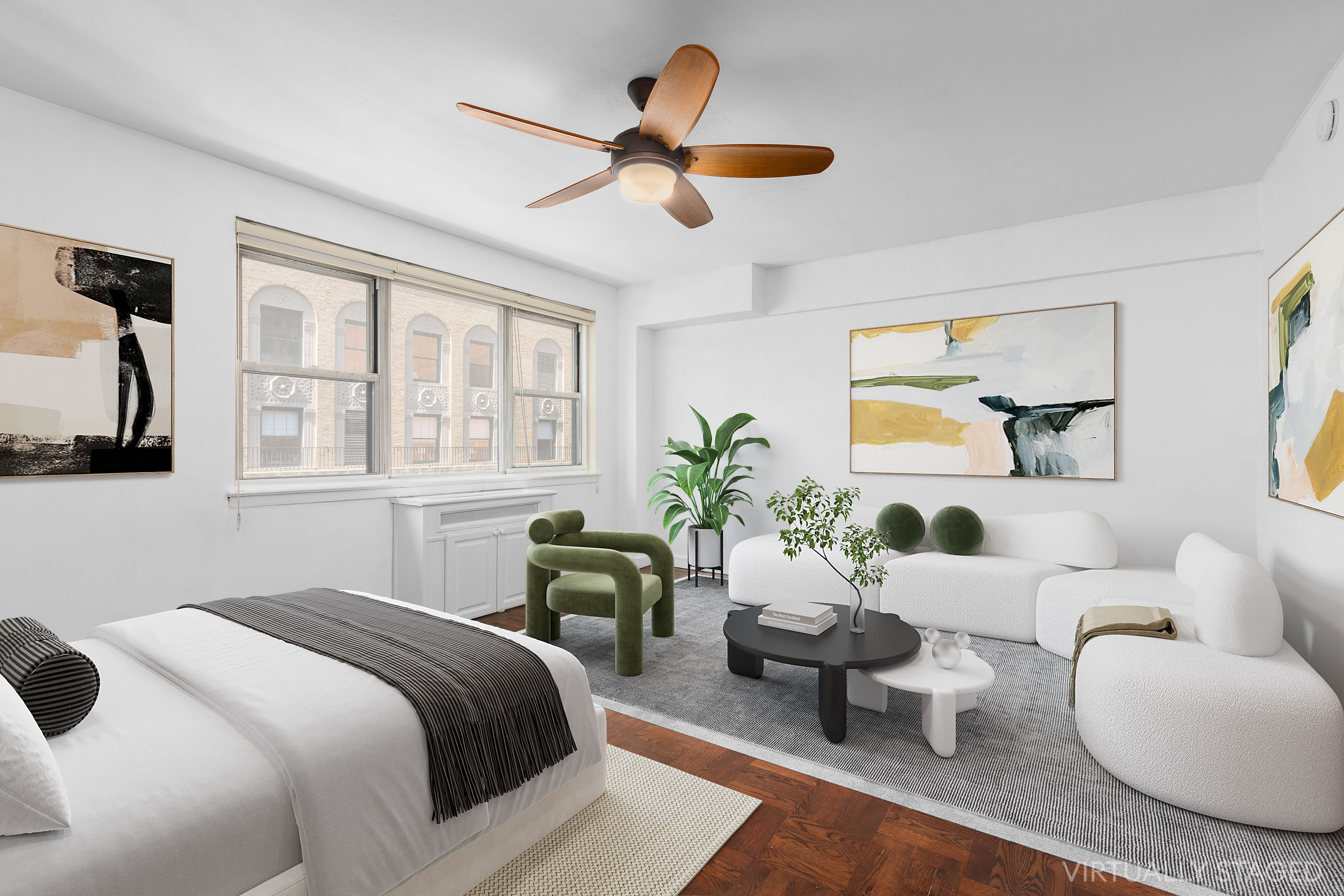 a bedroom with a large bed and windows