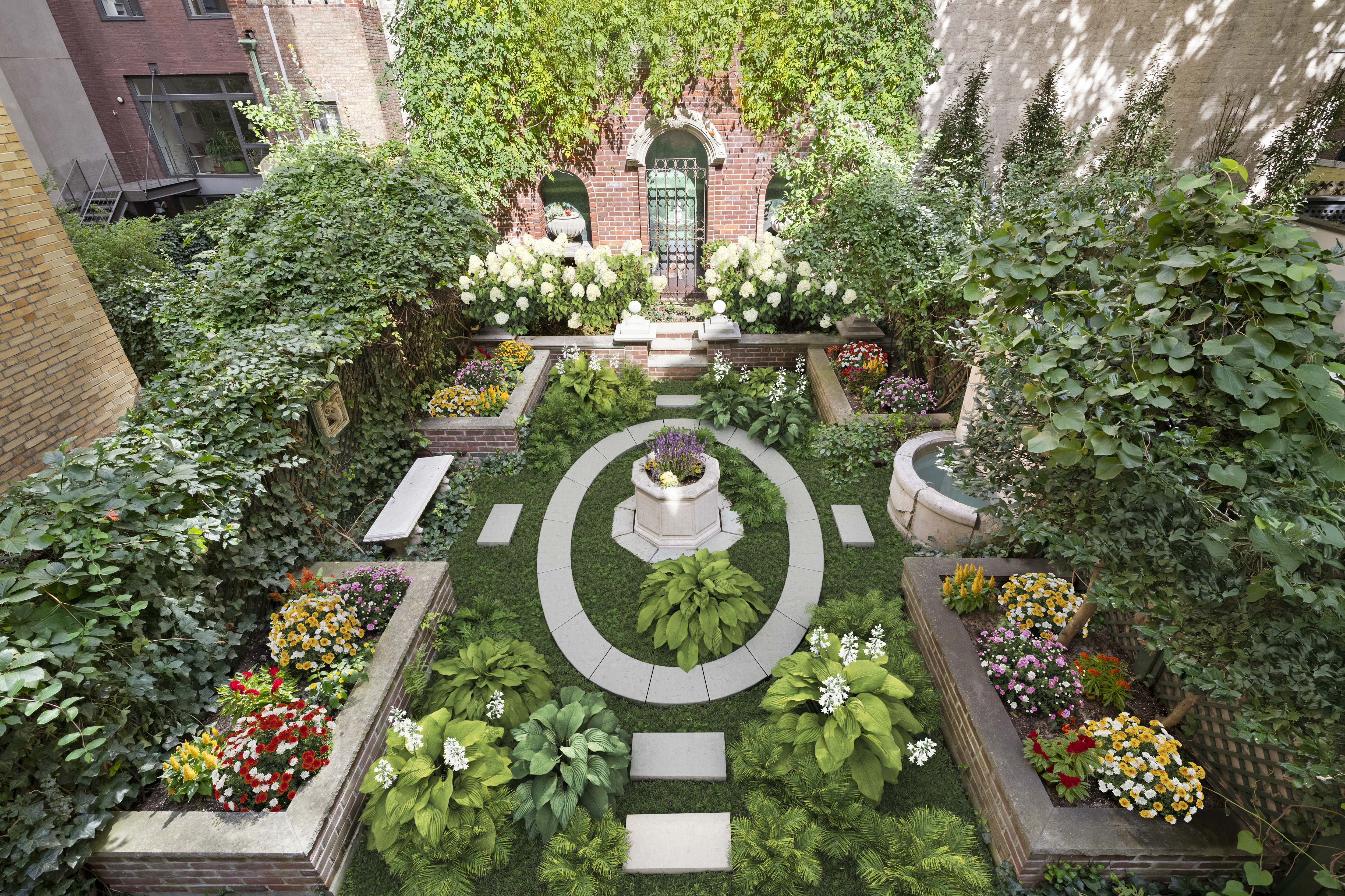 313 West 102nd Street Manhattan, NY 10025 - Photo 7 of 36 an aerial view of a house with garden space sitting space and swimming pool