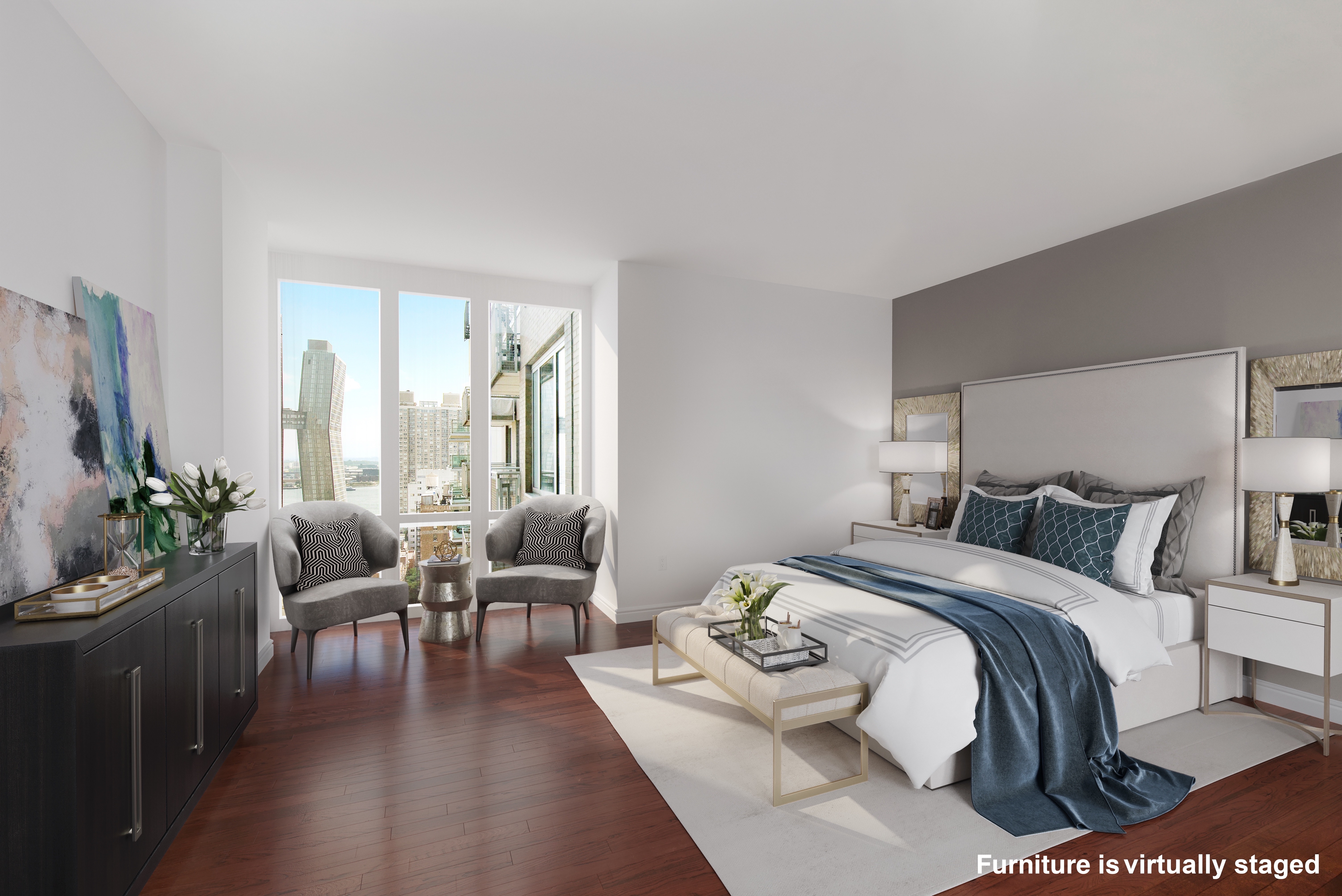 225 East 34th Street, Unit 17B Manhattan, NY 10016 - Photo 6 of 24 a bedroom with a bed and wooden floor