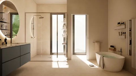 a bathroom with a tub sink and mirror